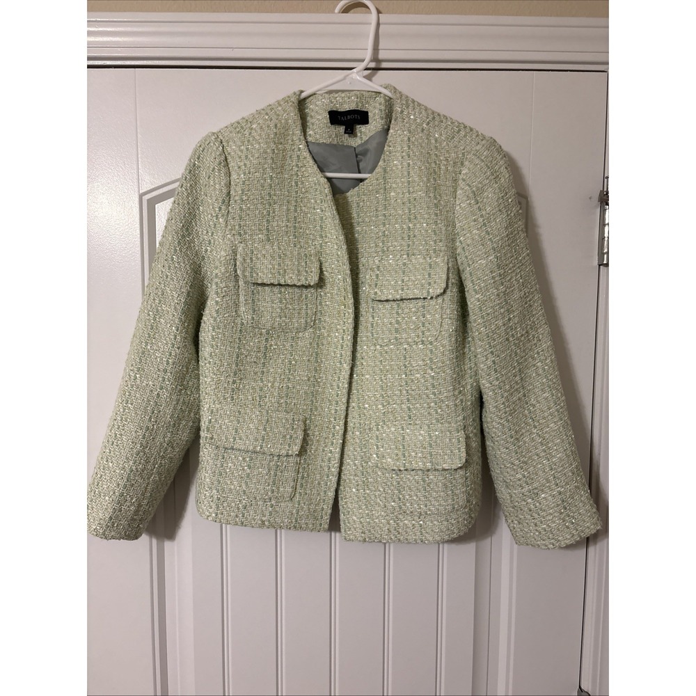 Talbots Women's Size 8 Petite Green Embellished Tweed Blazer Jacket